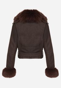 Born2be - Brązowa Ocieplana Kurtka Ramoneska z Futrem przy Kołnierzu i Rękawach Mevesala. Kolor: brązowy. Materiał: futro. Długość: krótkie #2