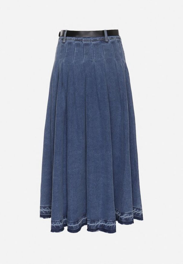 Born2be - Granatowa Spódnica Jeansowa Rozkloszowana z Paskiem z Ekoskóry Nalier. Okazja: na co dzień. Kolor: niebieski. Materiał: jeans. Styl: elegancki, casual