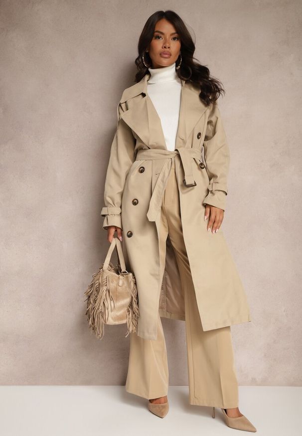 Renee - Beżowy Oversizowy Płaszcz Trencz o Dwurzędowym Kroju z Paskiem Darinella. Okazja: na co dzień. Kolor: beżowy. Materiał: jeans. Styl: elegancki, casual