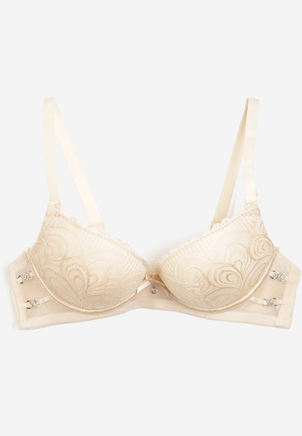 Born2be - Beżowy Koronkowy Biustonosz Typu Push-Up z Usztywnionymi Miseczkami i Metalowymi Ozdobami Ellas. Kolor: beżowy. Materiał: koronka. Rodzaj stanika: push-up. Wzór: aplikacja