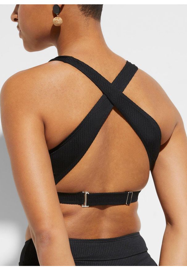 bonprix - Prążkowane bikini z biustonoszem bustier (2 części). Kolor: czarny. Materiał: prążkowany