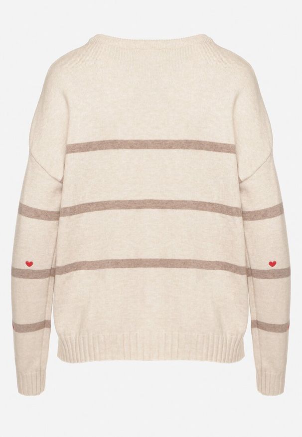 Born2be - Beżowy Sweter w Paski z Wyhaftowanymi Serduszkami Nerisea. Kolor: beżowy. Wzór: paski. Styl: elegancki