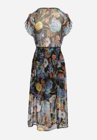 Born2be - Czarno-Niebieska Sukienka Rozkloszowana Midi w Kwiatowy Print Nelettia. Okazja: do pracy, na imprezę. Kolor: czarny. Materiał: skóra. Wzór: kwiaty, nadruk. Styl: elegancki. Długość: midi #4