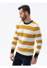 Ombre Clothing - Sweter męski w paski E189 - musztardowy - XXL. Kolor: żółty. Materiał: bawełna, dzianina. Wzór: paski. Styl: klasyczny #5