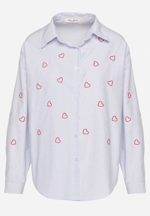 Born2be - Niebiesko-Czerwona Koszula o Kroju Oversize w Paski Zdobiona Haftem w Serca Nitariena. Okazja: na co dzień, do pracy, na spotkanie biznesowe. Typ kołnierza: kołnierzyk klasyczny. Kolor: niebieski. Materiał: bawełna, materiał. Długość rękawa: długi rękaw. Długość: długie. Wzór: aplikacja, haft, paski. Styl: biznesowy, klasyczny, casual, elegancki