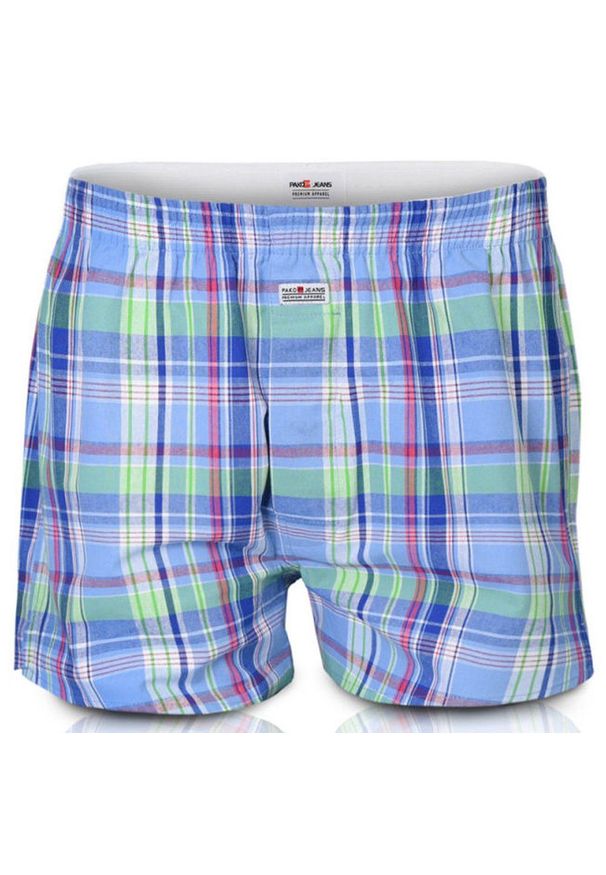 Luźne Męskie Bokserki, Bawełniane - Pako Jeans - Niebieskie w Kratkę. Kolor: niebieski. Materiał: bawełna. Wzór: kratka