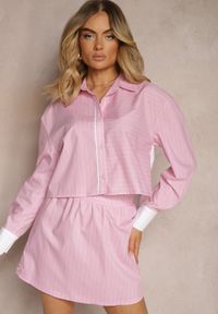 Renee - Różowy Komplet Koszula z Guzikami Spódnica z Gumką w Talii Tiamarita. Kolor: różowy. Materiał: tkanina #4