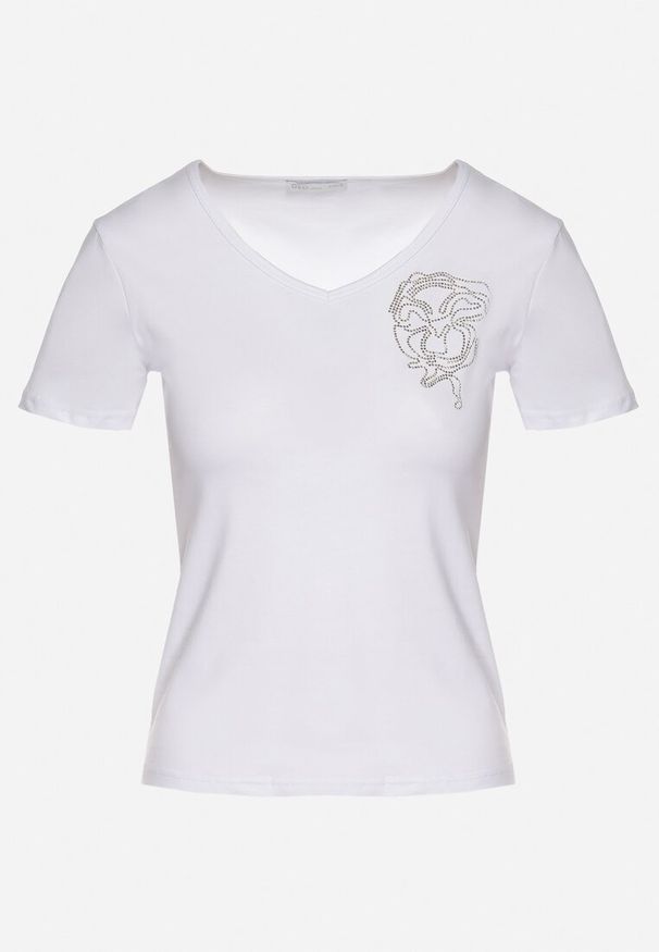 Born2be - Biały T-shirt z Bawełny z Cyrkoniowym Wzorem Uliavira. Okazja: na co dzień. Typ kołnierza: dekolt w kształcie V. Kolor: biały. Materiał: bawełna. Wzór: aplikacja. Styl: elegancki, casual