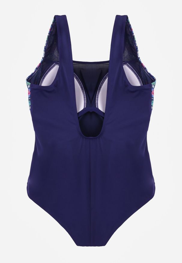 Born2be - Granatowy Kopertowy Strój Kąpielowy Jednoczęściowy z Siateczką i Paskiem Raera. Kolor: niebieski. Materiał: len