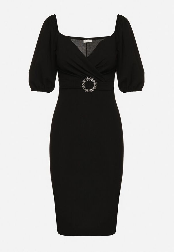 Born2be - Czarna Sukienka Dopasowana z Paskiem i Klamrą w Talii oraz Bufiastymi Rękawami Lurdia. Okazja: na ślub cywilny, na wesele. Kolor: czarny. Wzór: aplikacja. Styl: elegancki