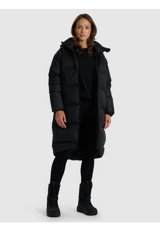 4f - 4F Płaszcz puchowy z wypełnieniem naturalnym damski - czarny S. Okazja: na co dzień. Kolor: czarny. Materiał: puch. Długość: do kolan. Sezon: zima. Styl: casual
