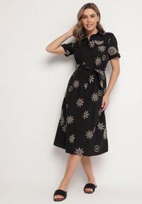 Born2be - Czarna Koszulowa Sukienka z Wiskozy z Haftowanymi Kwiatami i Paskiem Diviera. Kolor: czarny. Materiał: wiskoza. Wzór: haft, kwiaty. Typ sukienki: koszulowe. Styl: boho #3