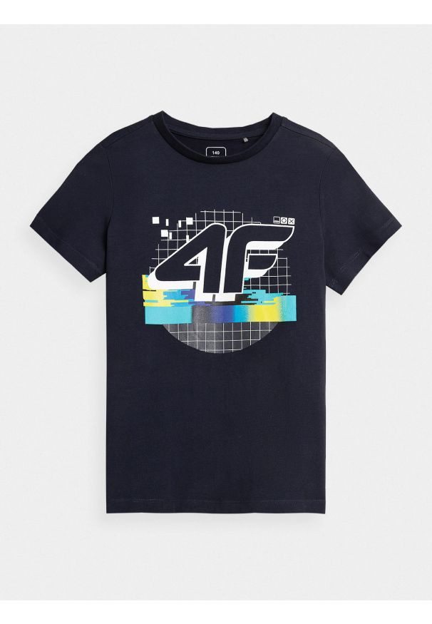 4f - T-shirt z nadrukiem chłopięcy. Kolor: niebieski. Materiał: materiał, bawełna, dzianina. Wzór: nadruk