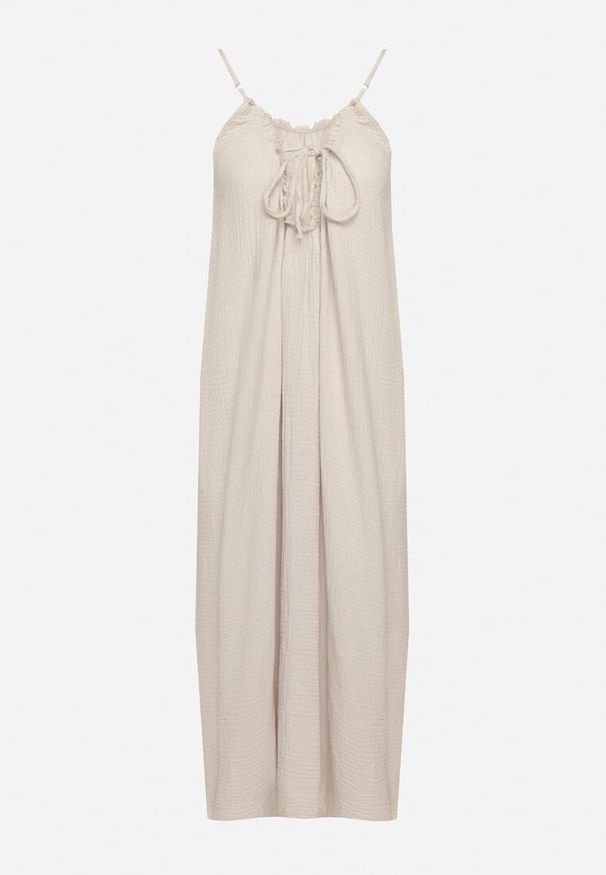 Born2be - Beżowa Muślinowa Bawełniana Sukienka na Cienkich Regulowanych Ramiączkach z Wiązaniem Natalbea. Okazja: na co dzień. Kolor: beżowy. Materiał: bawełna. Długość rękawa: na ramiączkach. Sezon: lato. Typ sukienki: proste. Styl: boho, casual, wizytowy