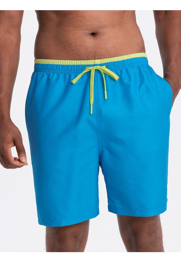 Ombre Clothing - Spodenki męskie kąpielówki z dwukolorowym ściągaczem – niebieskie V6. Okazja: na plażę. Kolor: niebieski. Materiał: poliester, materiał. Wzór: haft, jednolity. Sezon: lato