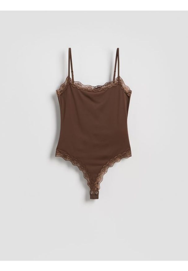Reserved - Body z koronką - ciemnobrązowy. Kolor: brązowy. Materiał: koronka. Wzór: koronka