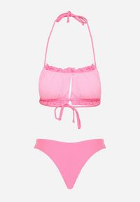 Renee - Różowe Bikini Majtki Figi Biustonosz z Wiązaniem Ozdobiony Marszczeniem Folinira. Kolor: różowy. Wzór: aplikacja #4