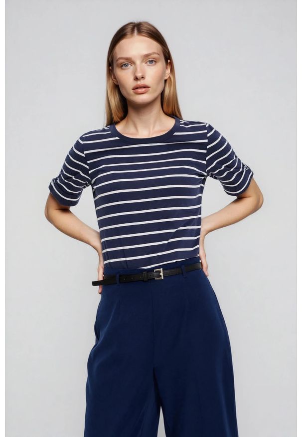 MOODO - Bawełniana bluzka w paski granatowa. Kolor: niebieski. Materiał: bawełna. Wzór: paski
