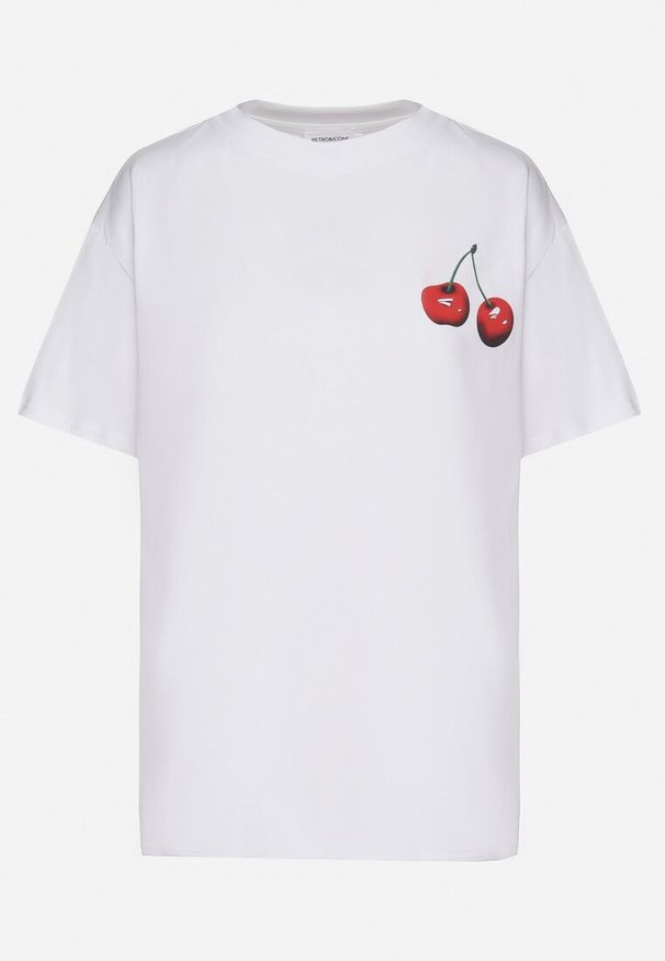Born2be - Biały T-shirt Bawełniany z Obustronnym Nadrukiem Wiśni Isoriel. Okazja: na co dzień. Kolor: biały. Materiał: bawełna. Wzór: nadruk. Styl: elegancki, casual