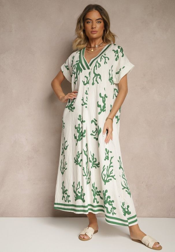 Renee - Zielono-Beżowa Pudełkowa Sukienka z Wiskozą i Lnem Sadeone. Okazja: na co dzień. Kolor: zielony. Materiał: wiskoza, len. Styl: casual, elegancki