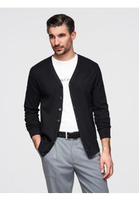Ombre Clothing - Monochromatyczny dzianinowy męski kardigan z wiskozą – czarny V2 - Rozmiar: XL. Kolor: czarny. Materiał: dzianina, wiskoza. Wzór: gładki, aplikacja. Styl: elegancki #1
