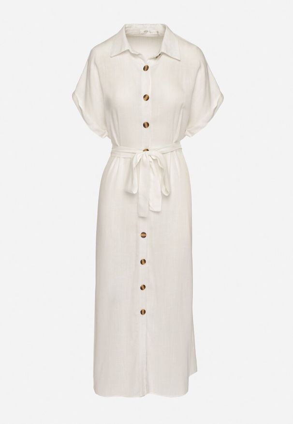 Born2be - Biała Koszulowa Sukienka z Lnem Wiskozą i Paskiem Lenaviel. Okazja: na co dzień. Kolor: biały. Materiał: len, wiskoza. Typ sukienki: koszulowe. Styl: casual, klasyczny