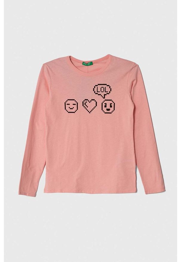 United Colors of Benetton longsleeve bawełniany dziecięcy kolor różowy. Okazja: na co dzień. Kolor: różowy. Materiał: bawełna. Długość rękawa: długi rękaw. Wzór: nadruk. Styl: casual