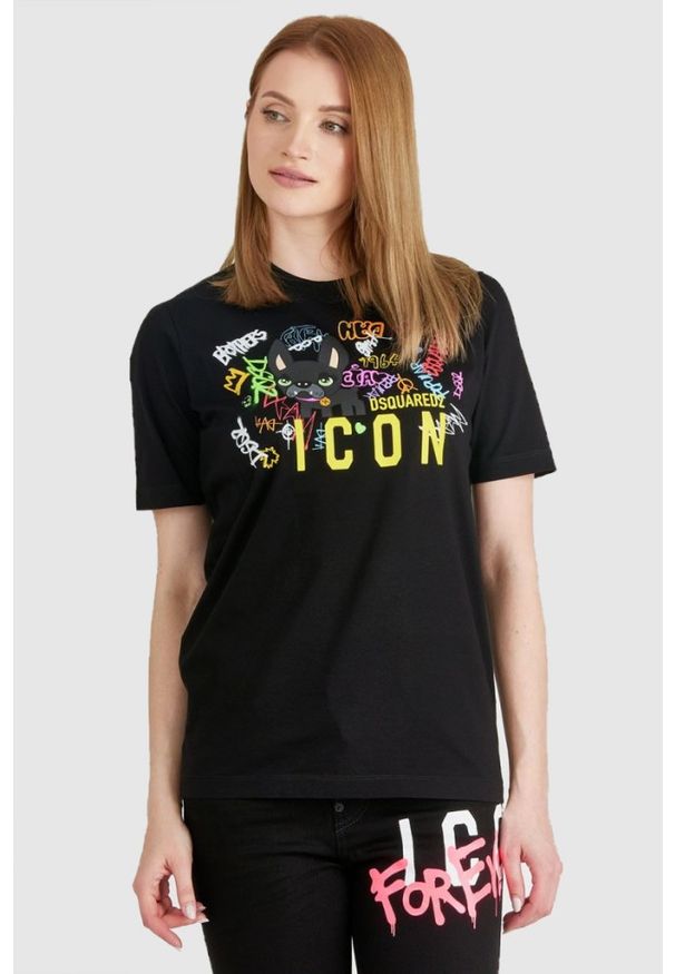 DSQUARED2 Czarny t-shirt damski z graffiti, Rozmiar S. Kolor: czarny. Materiał: prążkowany, bawełna. Wzór: kolorowy, nadruk