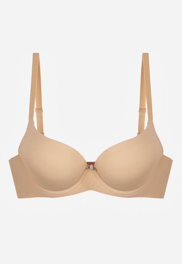 Renee - Beżowy Gładki Biustonosz z Efektem Push-up Theisithea. Kolor: beżowy. Materiał: jeans. Rodzaj stanika: push-up. Wzór: gładki