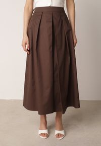 Born2be - Brązowa Rozkloszowana Spódnica z Bawełny z Szerokimi Plisami Malona. Okazja: na co dzień, do pracy. Kolor: brązowy. Materiał: bawełna. Styl: casual #8