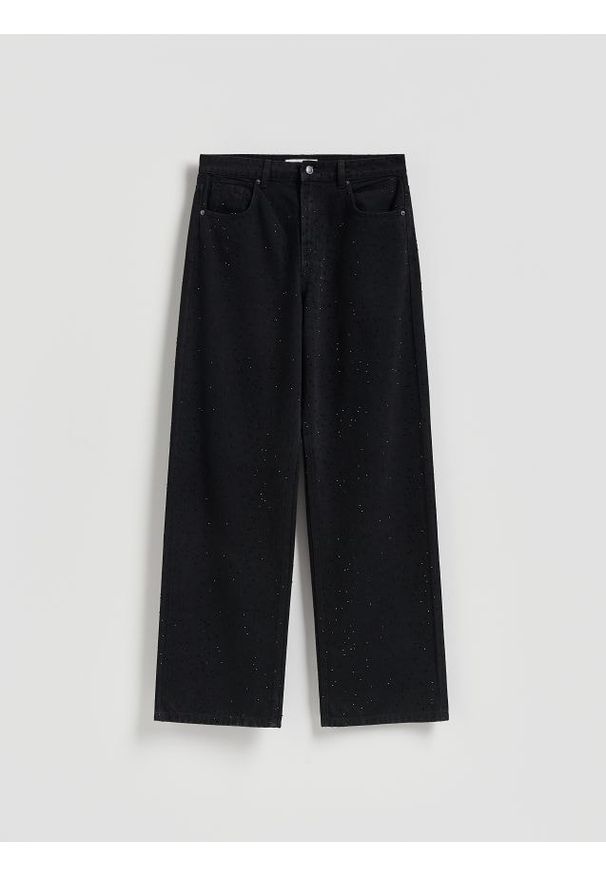 Reserved - Jeansy wide leg ze strasem - czarny. Kolor: czarny