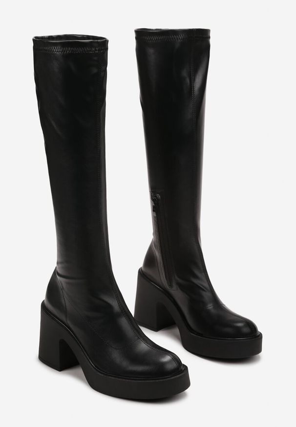 Renee - Czarne Kozaki na Słupku i Platformie Narethy. Kolor: czarny. Materiał: jeans. Obcas: na platformie. Styl: elegancki, klasyczny. Wysokość obcasa: średni