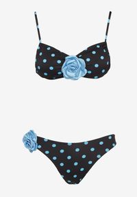 Born2be - Niebiesko-Czarne Bikini w Kropki Biustonosz i Majtki Figi z Kwiatowymi Aplikacjami Moritia. Kolor: niebieski. Wzór: kwiaty, aplikacja, kropki
