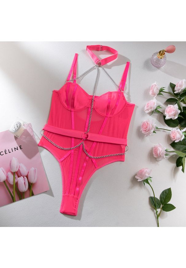 Intica - Body z łańcuszkiem eleganckie na wyjątkowe okazje Folline. Kolor: różowy. Materiał: materiał