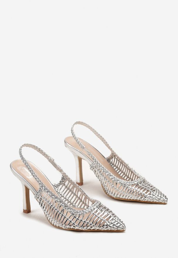 Born2be - Srebrne Czółenka na Szpilce z Plecioną Cholewką i Noskiem w Szpic Cybelia. Kolor: srebrny. Obcas: na szpilce