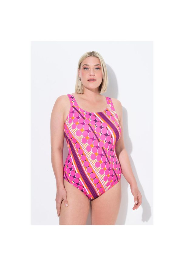 ULLA POPKEN - Damski Strój kąpielowy kropki bez miękkich miseczek okrągły dekolt. Kolekcja: plus size. Kolor: różowy. Materiał: poliester, elastan, poliamid, materiał. Wzór: kropki