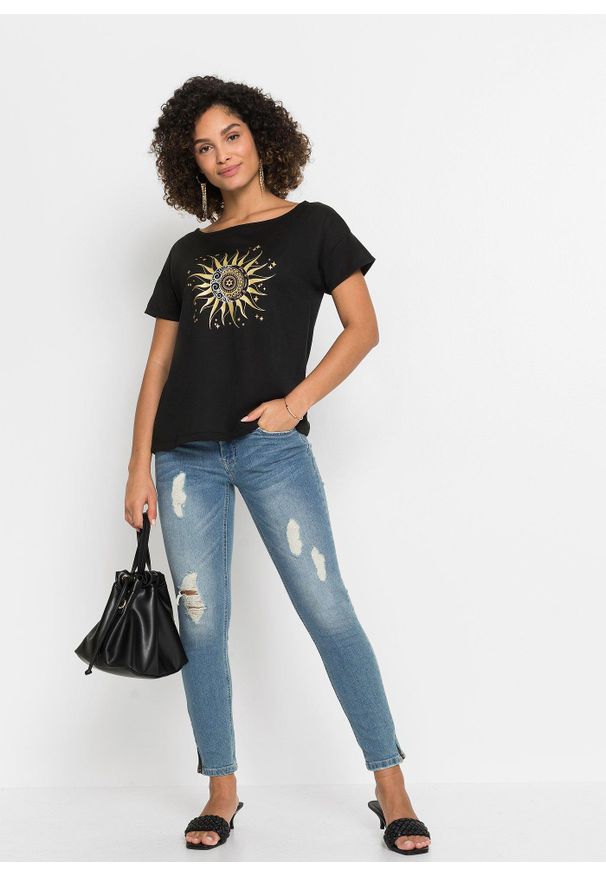 bonprix - Shirt z wycięciem. Kolor: czarny. Wzór: nadruk