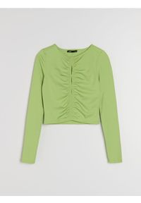 Sinsay - Krótka bluzka z długim rękawem i marszczeniem z przodu - zielony. Kolor: zielony. Długość rękawa: długi rękaw. Długość: krótkie #1