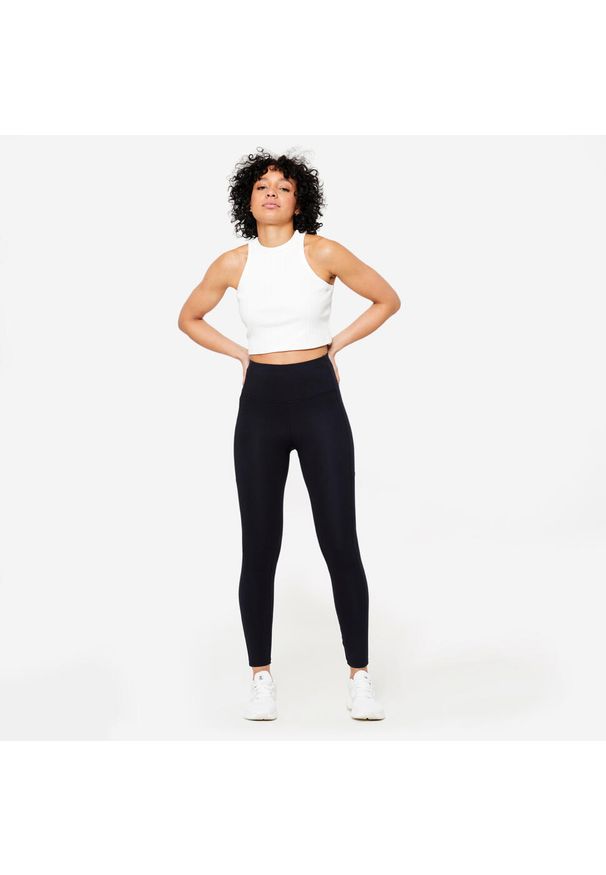 NYAMBA - Legginsy fitness damskie Domyos. Stan: podwyższony. Kolor: czarny. Materiał: materiał, elastan, poliester, bawełna. Sport: fitness