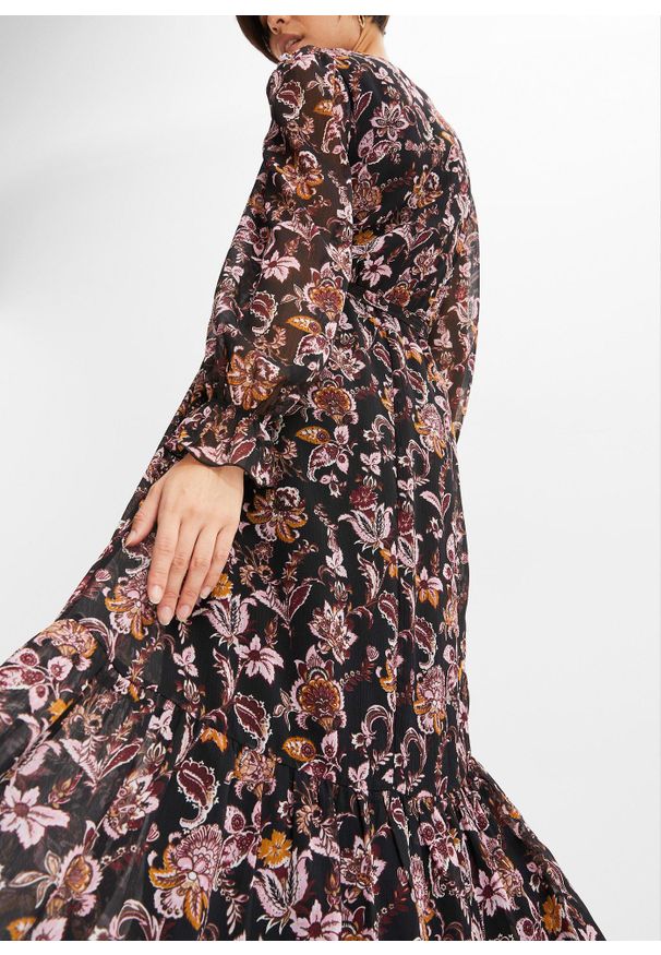 bonprix - Długa sukienka. Kolor: czarny. Wzór: nadruk, kwiaty. Długość: maxi