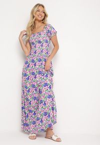 Born2be - Ciemnofioletowa Rozkloszowana Sukienka Typu Hiszpanka z Marszczoną Górą Jesteria. Typ kołnierza: dekolt hiszpanka. Kolor: fioletowy. Długość rękawa: krótki rękaw. Styl: wakacyjny, elegancki #6