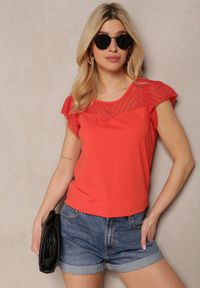 Renee - Czerwony Elegancki T-shirt Bluzka z Bawełny z Przezroczystymi Wstawkami Biopara. Kolor: czerwony. Materiał: bawełna. Sezon: lato. Styl: elegancki #4