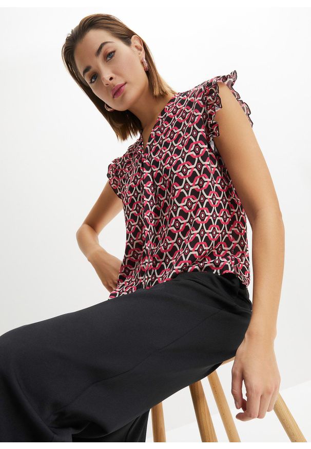 bonprix - Bluzka bez rękawów, z nadrukiem. Kolor: czarny. Długość rękawa: bez rękawów. Wzór: nadruk