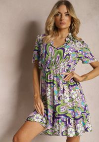 Renee - Fioletowa Bawełniana Sukienka Koszulowa w Malowniczy Kwiecisty Print Ankeldia. Typ kołnierza: kołnierzyk klasyczny. Kolor: fioletowy. Materiał: bawełna. Wzór: nadruk. Typ sukienki: koszulowe. Styl: klasyczny, boho, elegancki