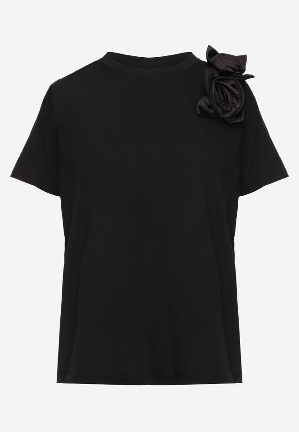 Renee - Czarny Bawełniany T-shirt o Klasycznym Kroju z Kwiatowymi Aplikacjami 3D Morgane. Okazja: do pracy. Kolor: czarny. Materiał: bawełna. Wzór: aplikacja, kwiaty. Styl: klasyczny