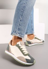Renee - Beżowo-Zielone Sneakersy z Ozdobnymi Wstawkami Fania. Kolor: beżowy