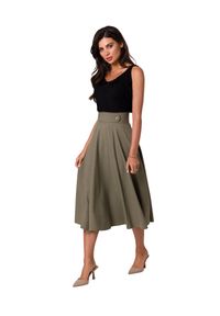 BeWear - Rozkloszowana spódnica z wysokim stanem i kieszeniami khaki. Stan: podwyższony. Kolor: brązowy. Styl: elegancki