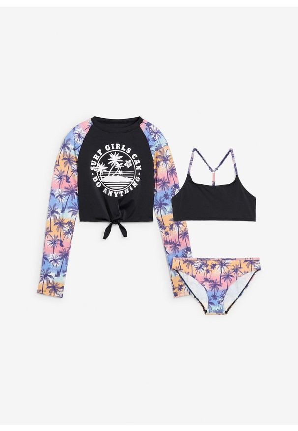 bonprix - Bikini + shirt kąpielowy (3 części). Kolor: czarny