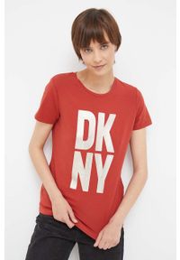 DKNY - Dkny t-shirt damski kolor czerwony. Kolor: czerwony. Materiał: dzianina. Styl: klasyczny