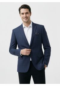 Taliowana, Elegancka Marynarka Męska - Casino - Granat, Delikatna Kratka. Kolor: niebieski. Materiał: poliester, wiskoza. Wzór: kratka. Styl: elegancki #7